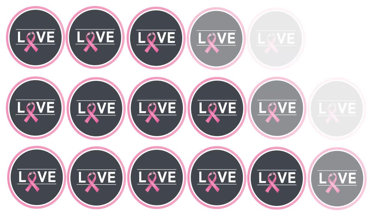 Animazione di più loghi a nastro rosa e della scritta "amore" che appaiono su sfondo bianco