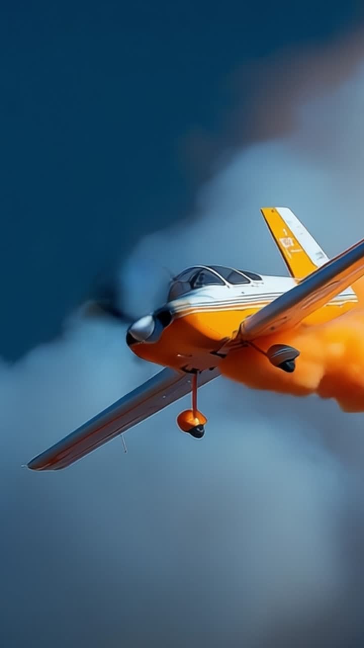 Spettacolo aereo dinamico di un aereo colorato che esegue acrobazie con scie di fumo contro un cielo drammatico, mostrando abilità e precisione in volo.