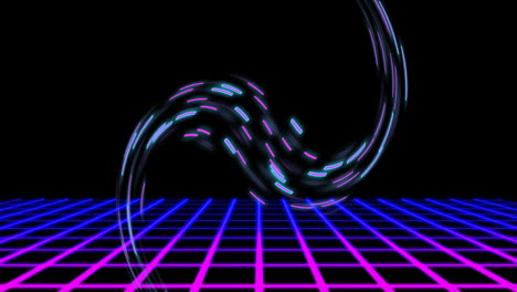 animation of pink shapes moving and blue squares on black background