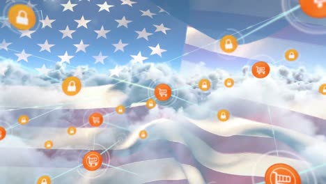 animation of network of digital icons over clouds and sun in the sky against waving american flag