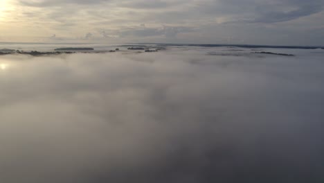 fly above the clouds revealing a nature forest landscape