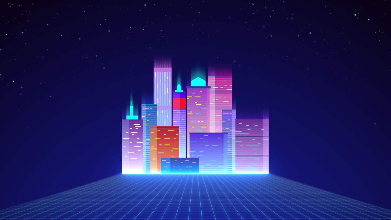 Retrowave style animation of neon city. Glowing Stars, Neon lights and bright colors Synthwave retro background. Looped animated live wallpaper. Futuristic night city, cityscape, skyscrapers, grid