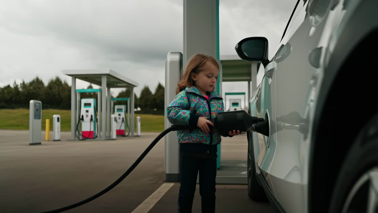 A young child charges an electric car at a public charging station