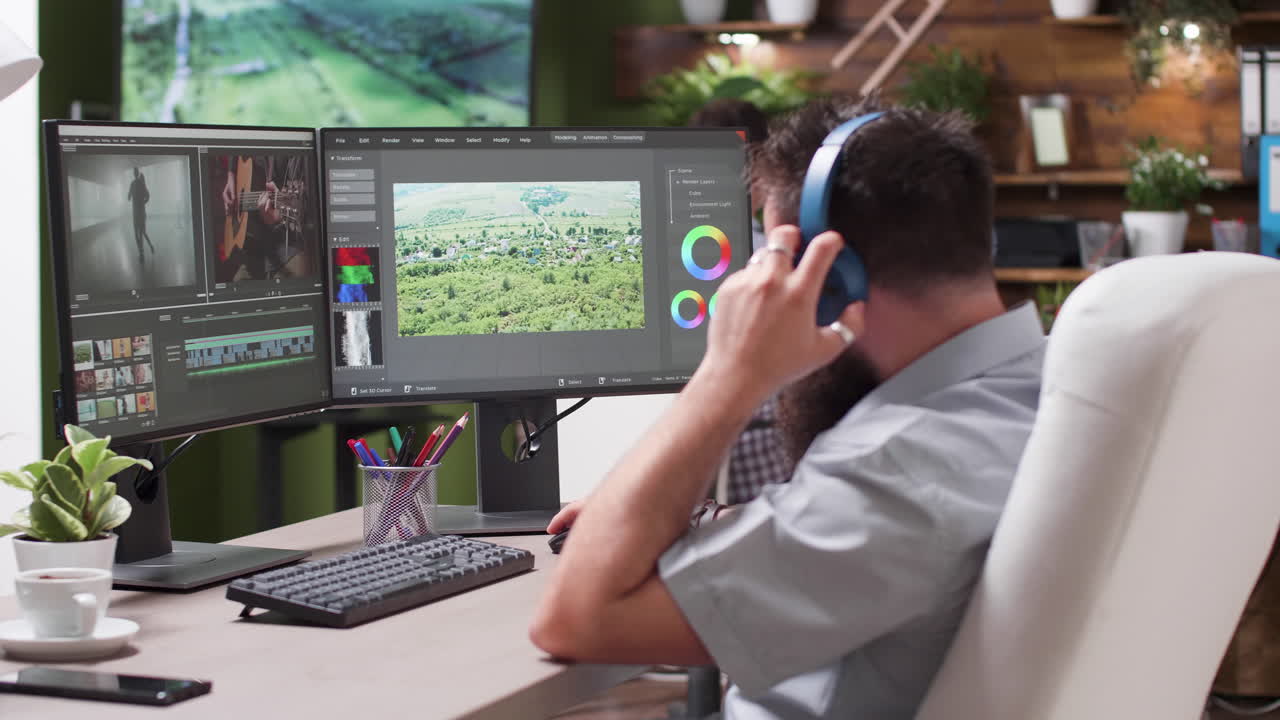 Man working on video editing with dual monitors