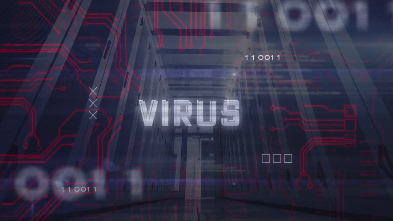 Animazione di testo "virus", codici binari e linguaggio informatico, vista dal basso di sala server.