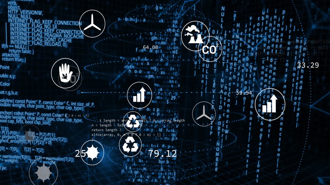 이코 아이콘의 애니메이션과 검은색 배경의 디지털 데이터 처리