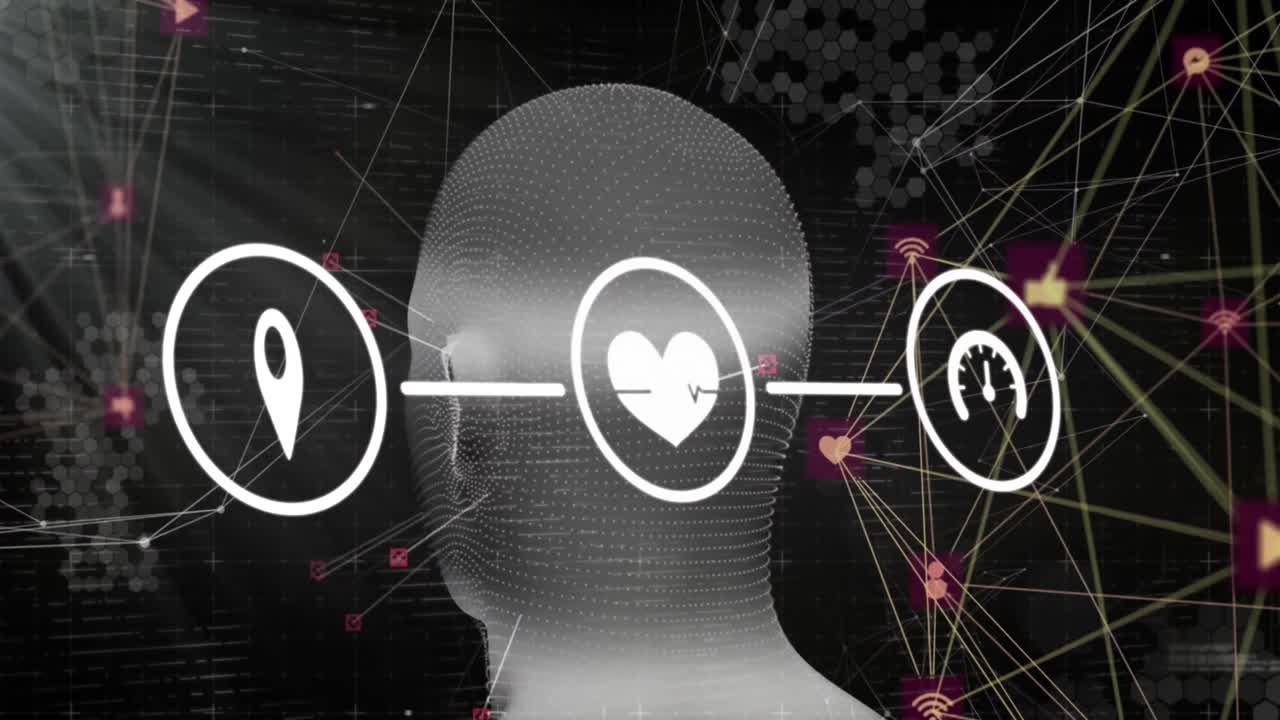 헤드 및 아이콘 위의 연결 네트워크의 애니메이션.