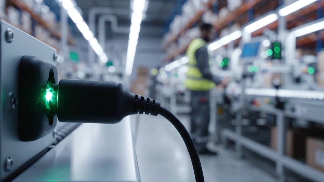 A Focused View of an Industrial Setting Highlighting Power Connection in a Warehouse with Bright Green Indicator for Equipment Status and Operational Readiness