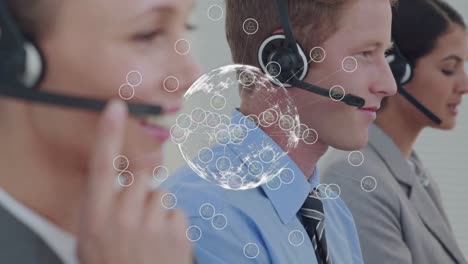 Animation-of-globe-and-connections-over-business-people-wearing-headsets