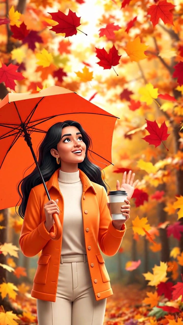 Una bella donna cammina in un parco autunnale con le foglie che cadono.