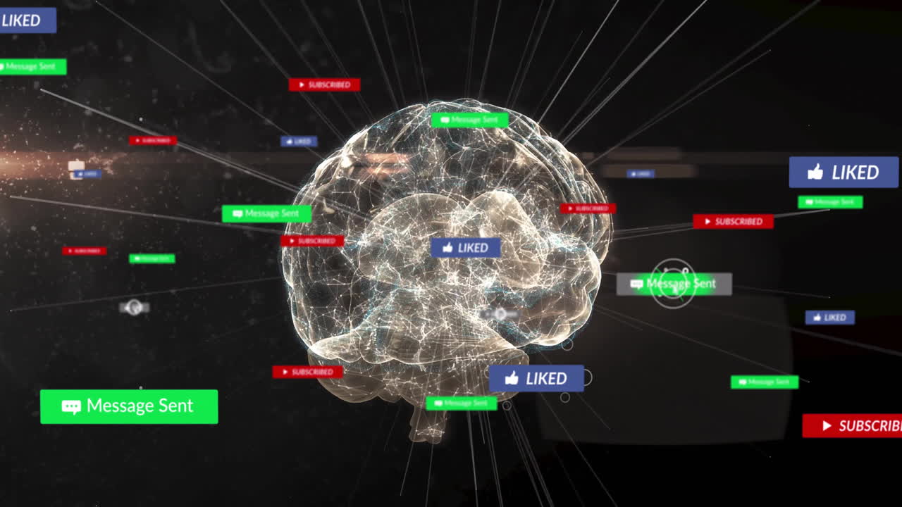 Translucent 3D brain glowing neural network lines while social media notifications floating around