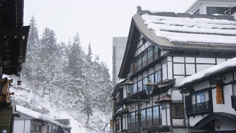 snow covered eaves of ryokans in mountains of ginzan onsen, yamagata japan