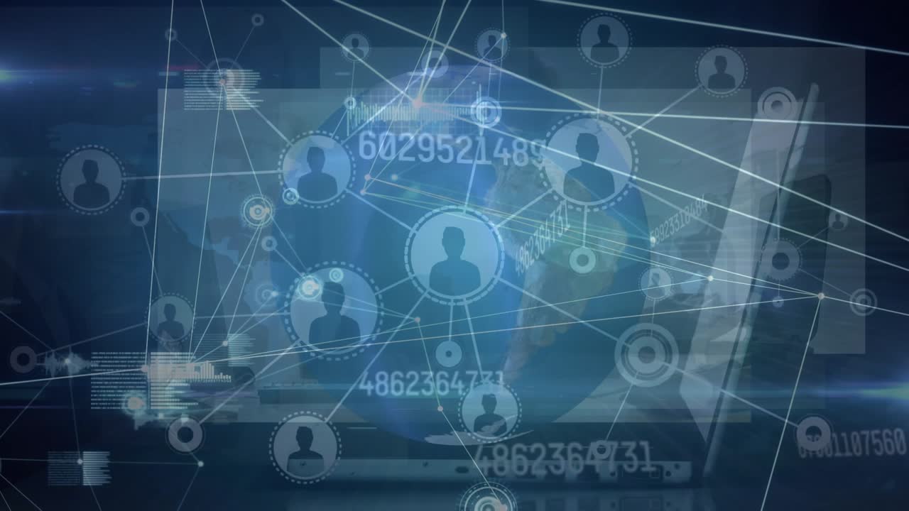 Animation of network of connections with icons over caucasian businesswoman