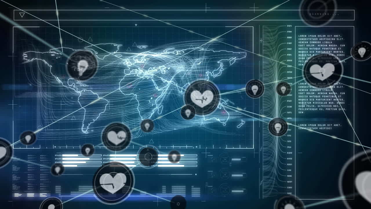 아크 원자로의 애니메이션과 백인 의사들이 노트북을 통해 보고서를 논의하는 육각형의 아이콘