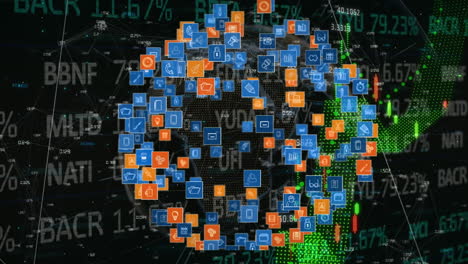 animation of financial data processing over globe with icons