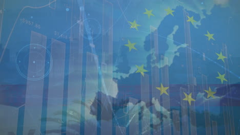 animation of financial data and graphs moving over european union flag and map