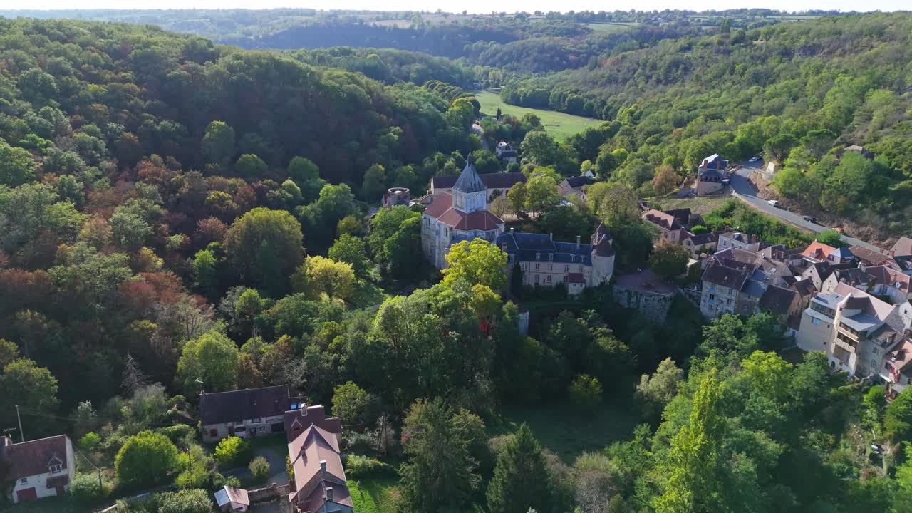 Aerial view of Gargilesse village and its castle, France