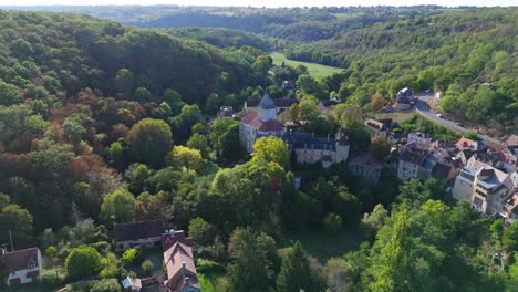 Aerial-view-of-Gargilesse-village-and-its-castle,-France