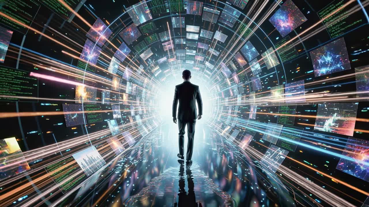 Back view of businessman moving through a high tech corridor of floating screens and light trails, symbolizing data flow, AI, innovation and digital transformation