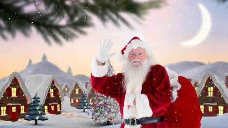 santa claus frente a las casas decoradas en el paisaje de invierno combinado con la nieve que cae