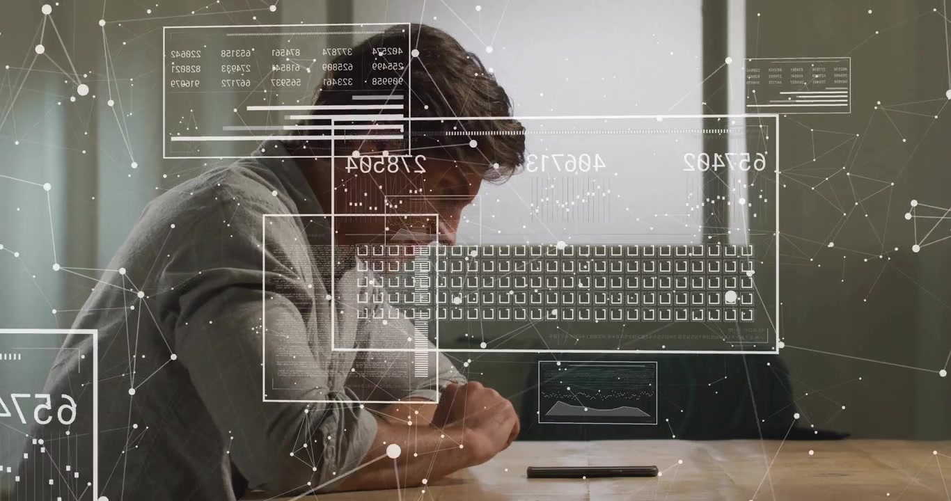 Man tapping phone on table and activating HUD overlays, analyzing finance data with floating charts