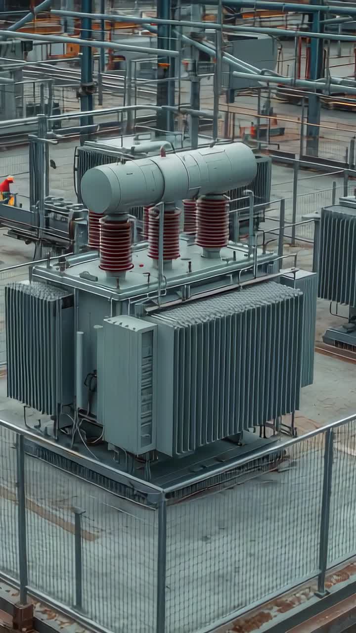 Video verticale: Inquadratura di un trasformatore, un operaio con DPI che passa e controlla gli isolatori in una sottostazione.