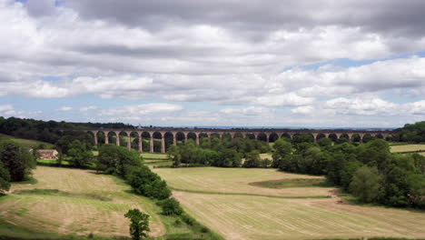 rising pedestal shot of crimple valley viaduct in north yorkshire on a cloudy summer’s day