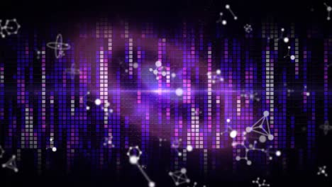 Animation-of-rotating-molecules-over-purple-circle-and-background-made-of-squares