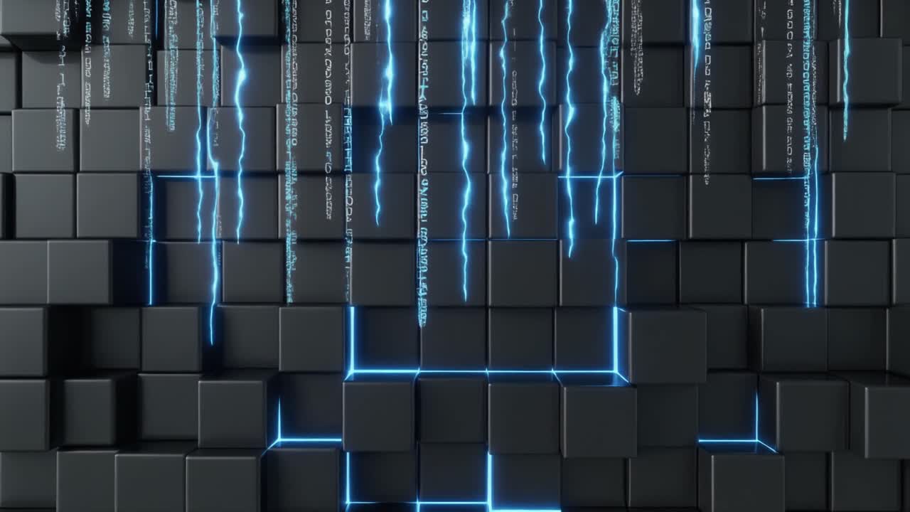 Animated Dark Cubes with Falling Blue Digital Code
