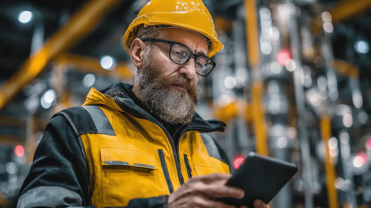 Lavoratore concentrato con smartphone in ambiente industriale, che mostra dispositivi di sicurezza e professionalità mentre interagisce con la tecnologia in una struttura moderna