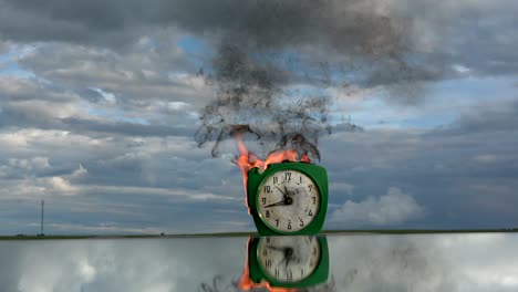 y el concepto de fuego. quemar el reloj retro de la antigüedad en el espejo en el espacio.