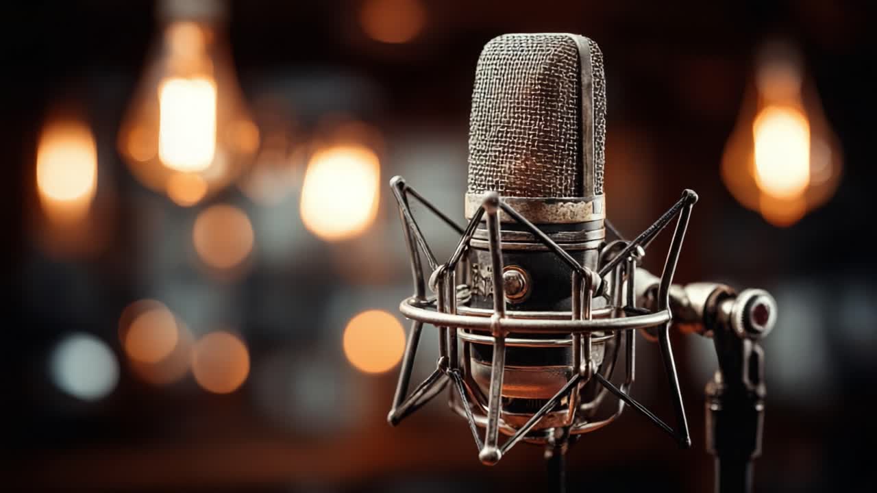 An Elegant Microphone Captured in a Warm, Inviting Atmosphere Illuminated by Soft Bokeh Lights, Perfect for Recording Music or Voiceovers in a Creative Studio Setting