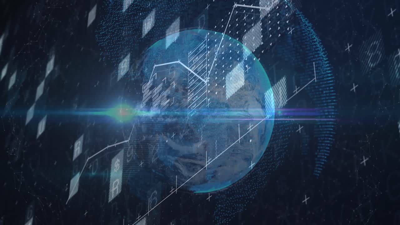 그래프, 글자, 기호 및 숫자의 애니메이션은 전 세계에 렌즈 플레어와 함께