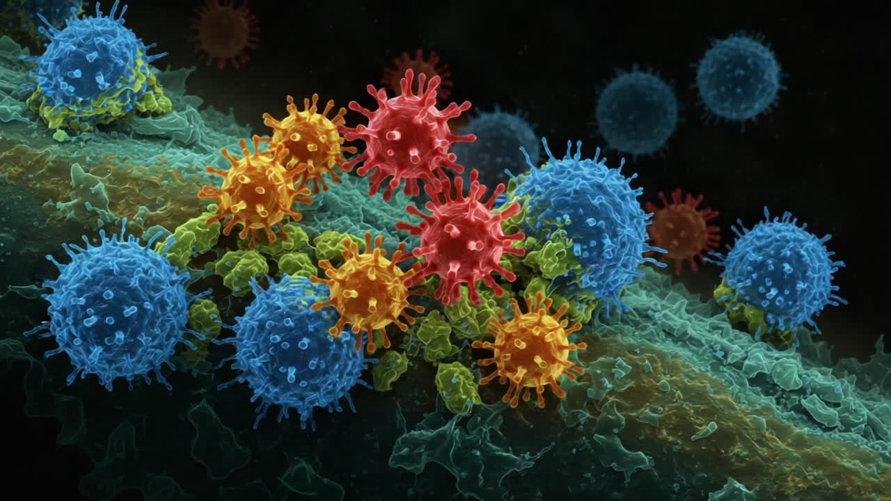 Detailed Visualization of Vibrant Virus Structures and Their Interactions with Cellular Components at Microscopic Levels in an Intricate Biological Environment