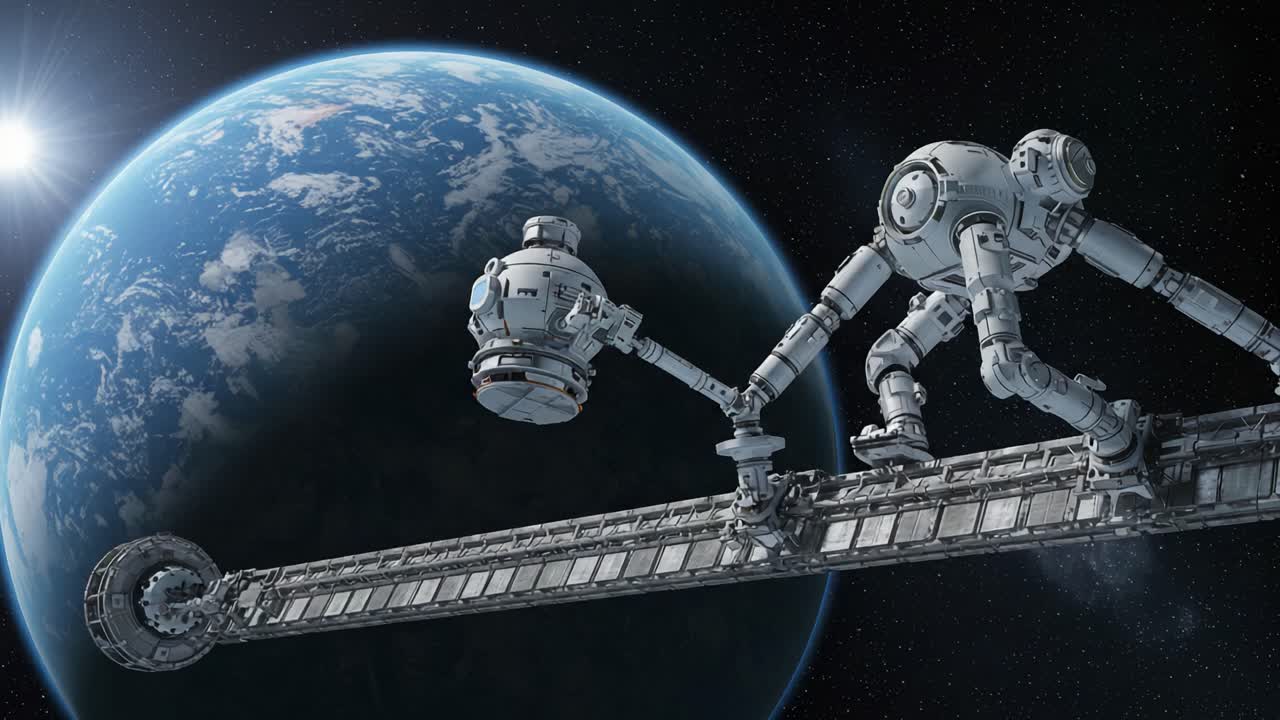 A robotic figure performs a delicate maneuver in space, grasping a spherical object while orbiting Earth, illuminating the fusion of technology and exploration