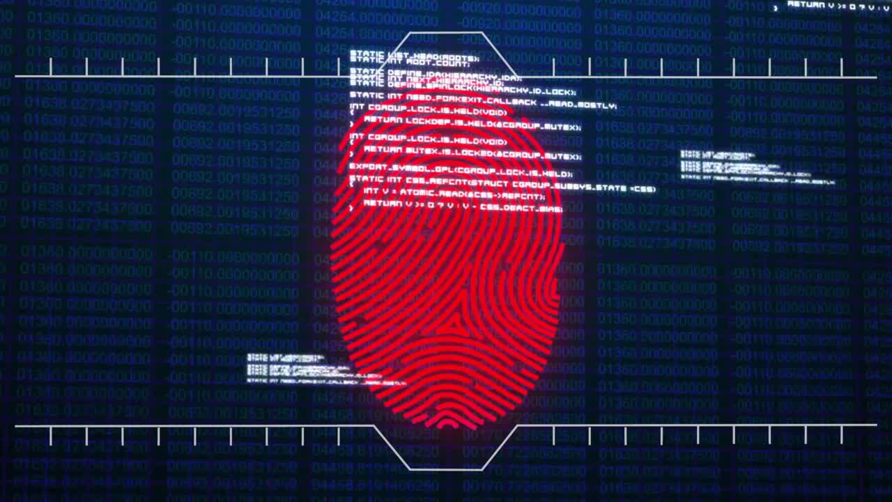 Animation of data processing over biometric fingerprint on dark background