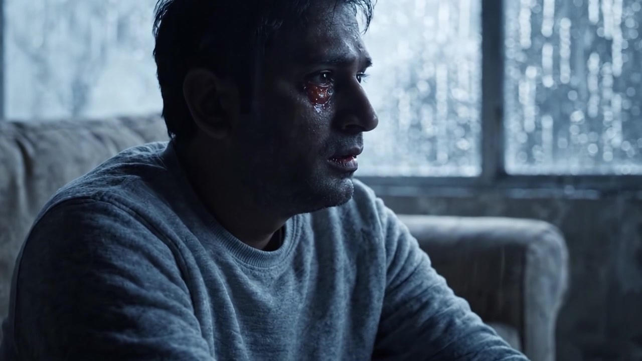 A man sits in a dimly lit room, rain pouring down outside as he copes with emotion, sadness reflected in his tearful eyes and weary expression.