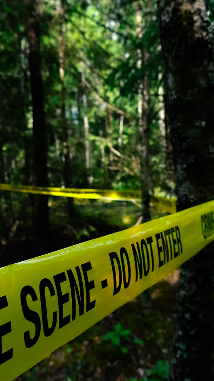 Spooky video footage of a vibrant yellow colored Crime Scene Do Not Enter tape ribbon pulled around and in front of a forest woodland area that is sunny but trees cast a dark shadow on the foliage