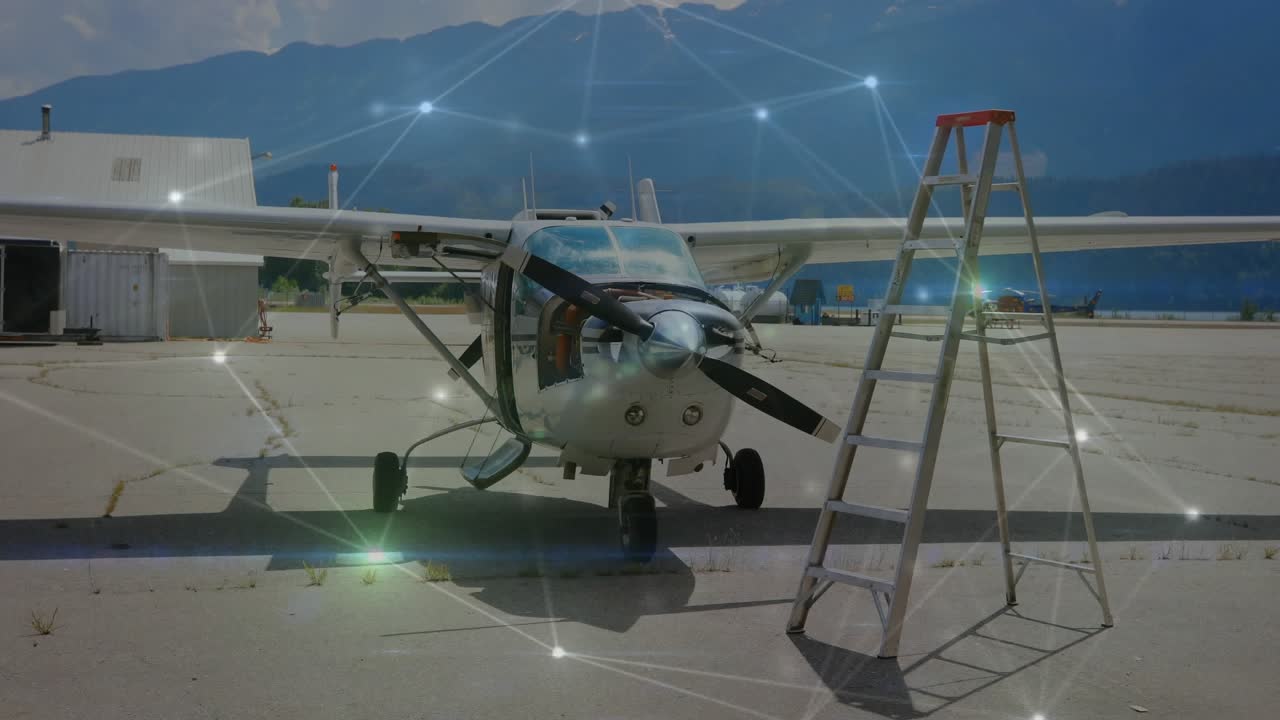 Camera starting close approach, airplane staying parked, network overlay pulsing, revealing door
