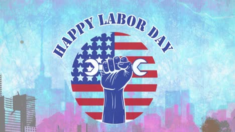 animation of happy labor day text over cityscape