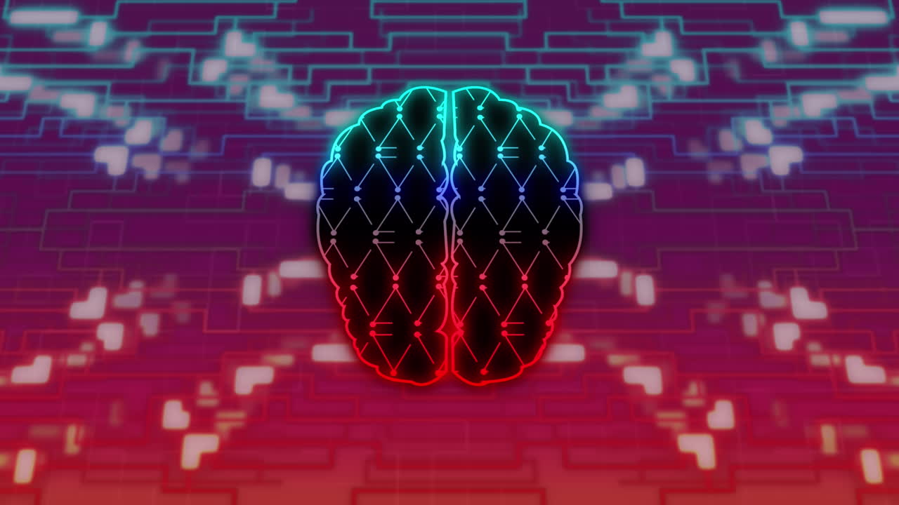 Animation of human brain, connections and data processing over circuit board