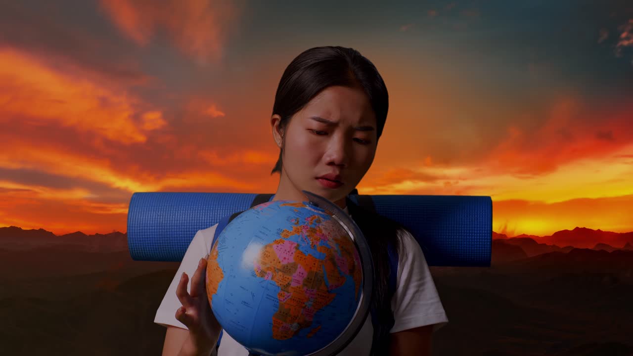 mujer mirando un globo con confusión