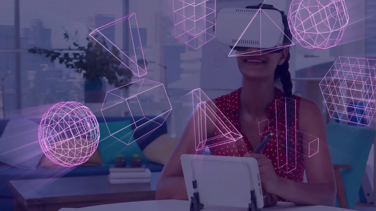 animación de formas 3d brillantes de transferencia de datos sobre mujer caucásica en auriculares vr