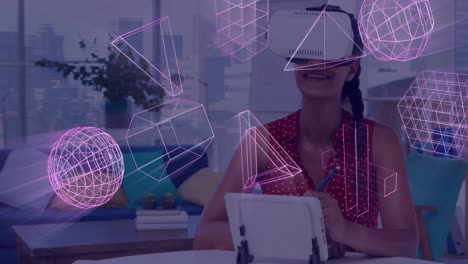 Animation-of-glowing-3d-shapes-of-data-transfer-over-caucasian-woman-in-vr-headset