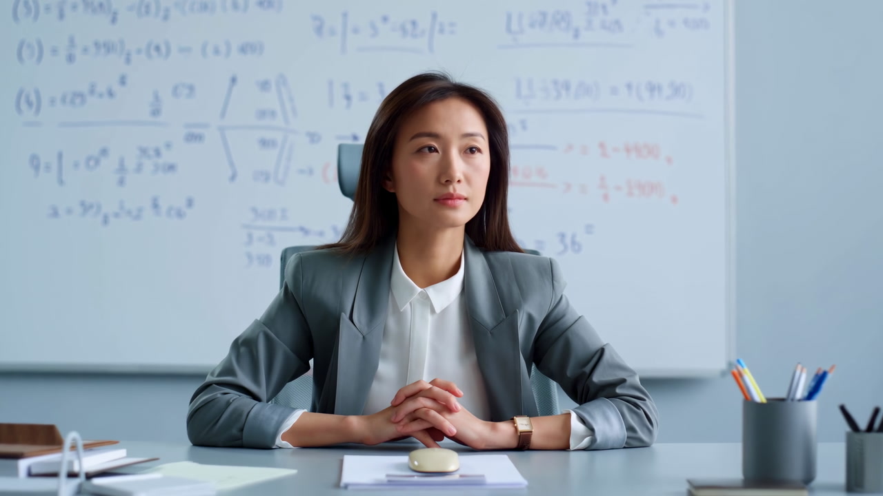 Asian Woman Executive Seated At Desk In Modern Classroom With Whiteboard Equations Behind, Hands Clasped,