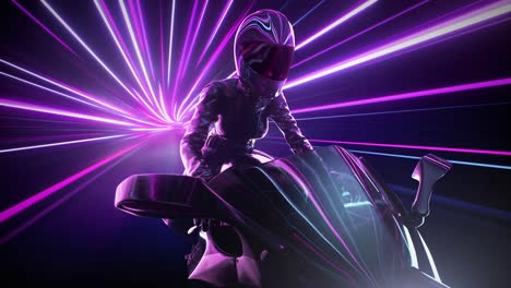 una escena emocionante con un jinete futurista con luces de neón vibrantes que traen acción a
