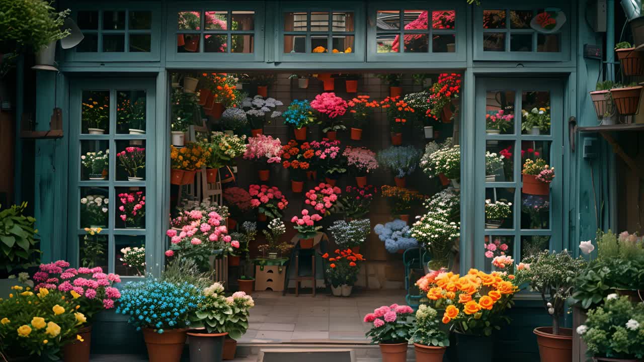 Facciata vivace di negozio di fiori con abbondanti fioriture colorate