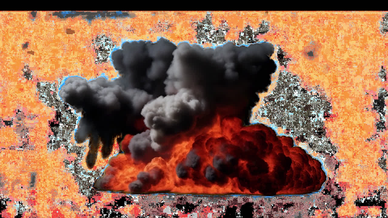 Overlay animato di una scena drammatica di esplosione infuocata, video 4K trasparente, canale alfa, ProRes 4444.