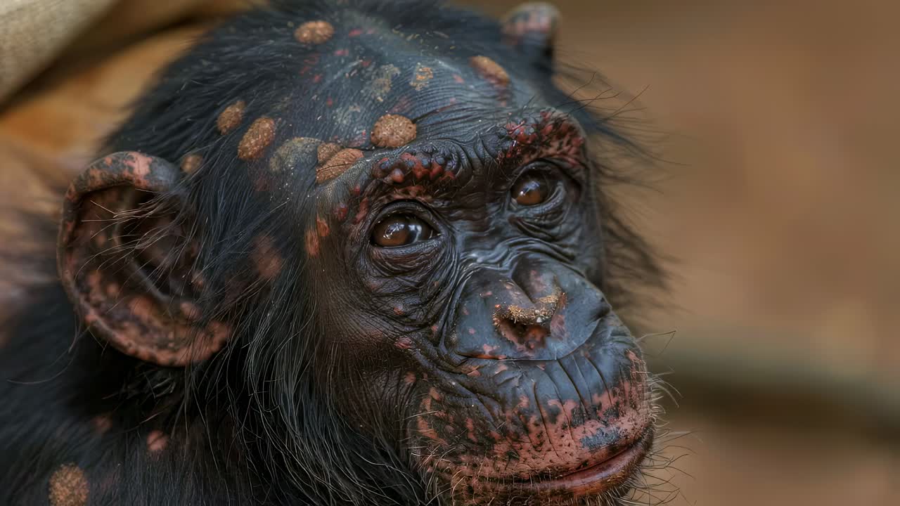 Juvenile chimpanzee portrait revealing contemplative mood, scanning surrounding environment with curious gaze before gently closing dark expressive eyes in peaceful moment