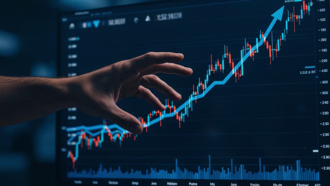 Analyzing Financial Trends: A Close-Up of Market Growth with Rising Graphs and Data Insights Represented on a Digital Screen